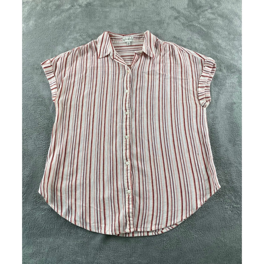 Wonderly Womens Red White Striped Button Down Short Sleeve Blouse Size M